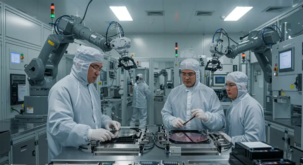 Engineers in cleanroom examining silicon wafers for advanced automotive semiconductor manufacturing.
