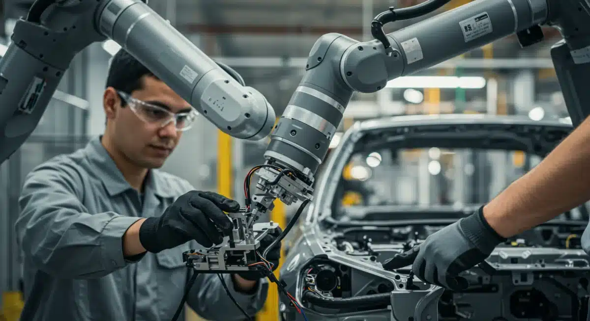 Collaborative robot assisting human worker on an automotive production line, enhancing efficiency.