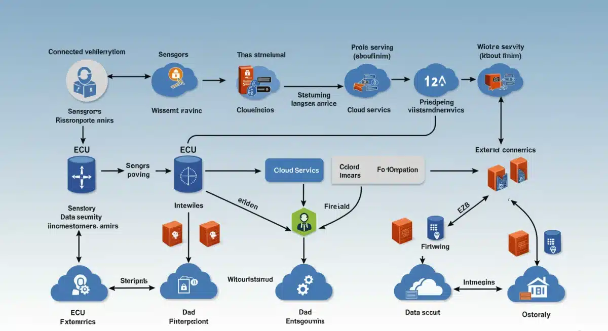 Complex network diagram showing secure data flow in a connected vehicle ecosystem with cybersecurity measures.