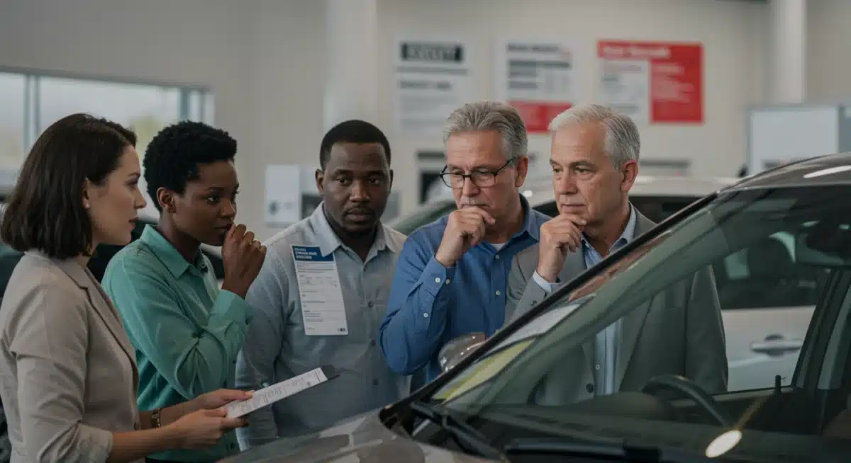 Consumers discussing car safety and recalls with a dealership representative.