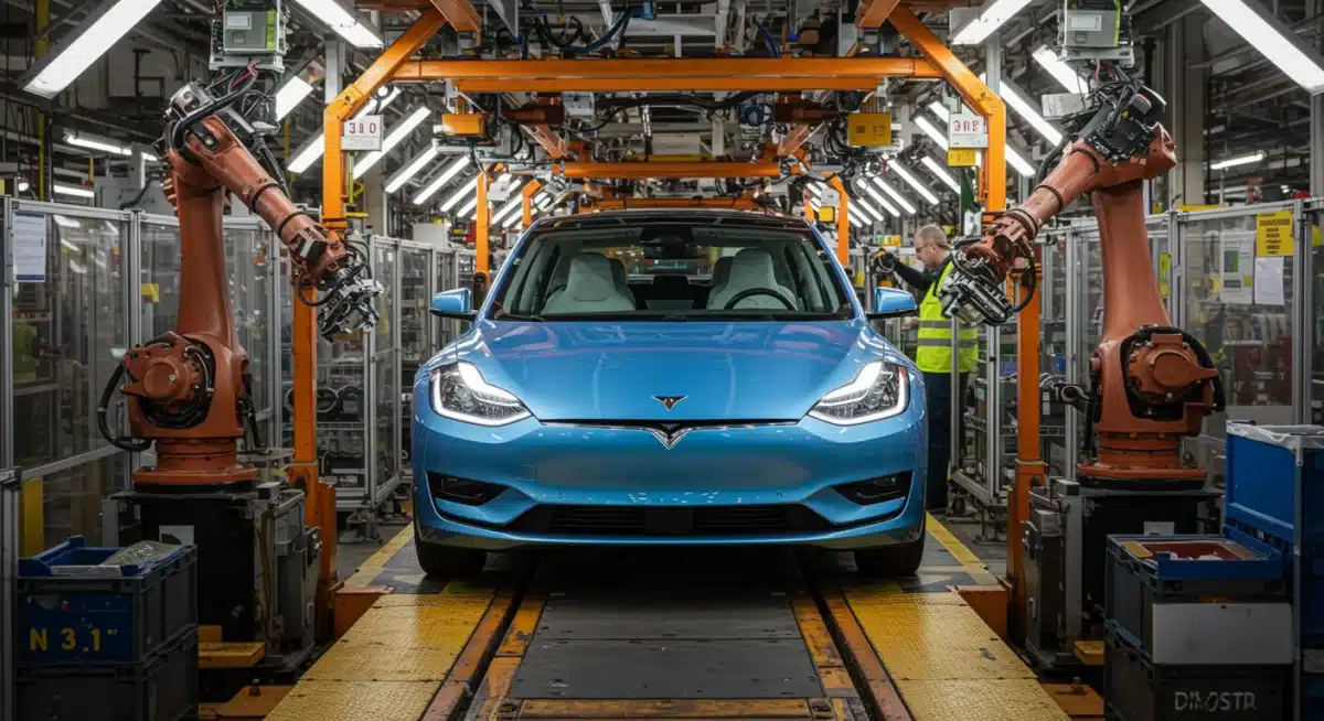 New electric vehicle rolling off the production line, symbolizing manufacturing success.
