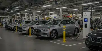 Electric vehicles charging at a modern station with a US auto manufacturing plant in the background, symbolizing growth.