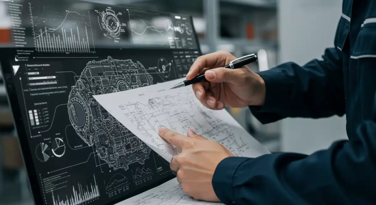 Automotive engineer analyzing engine designs for emissions compliance and cost