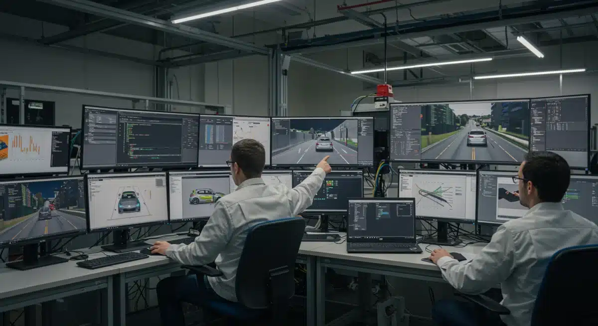 Engineers developing advanced AI automotive software in a modern lab