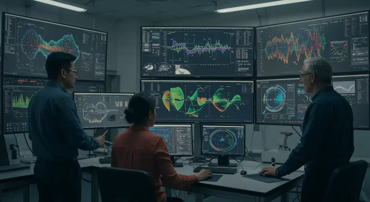 Engineers using quantum computing for advanced automotive component analysis.