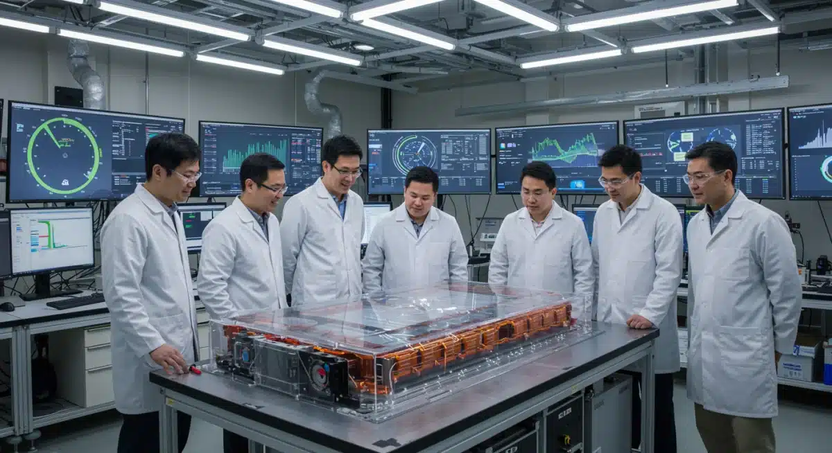 Engineers inspecting a transparent solid-state battery prototype in a high-tech lab.