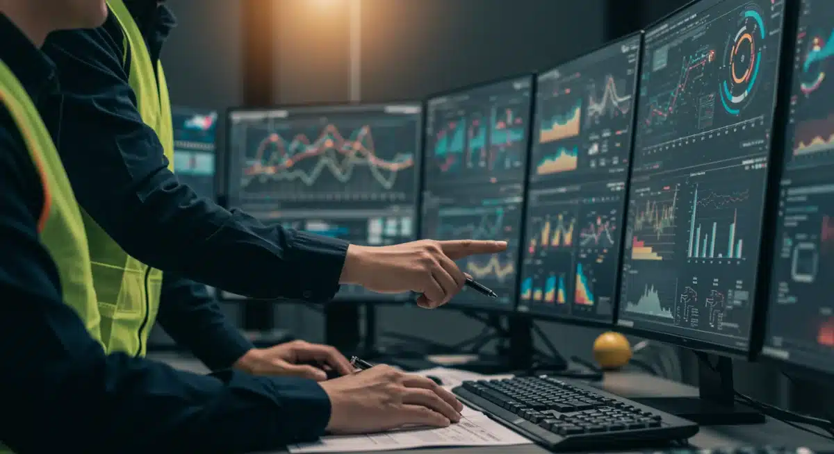 Automotive engineers optimizing supply chain and production data in a control room.