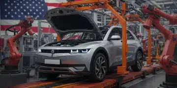 Electric vehicle on assembly line with US manufacturing backdrop