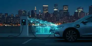 Futuristic EV charging with advanced battery technology in a modern US city.
