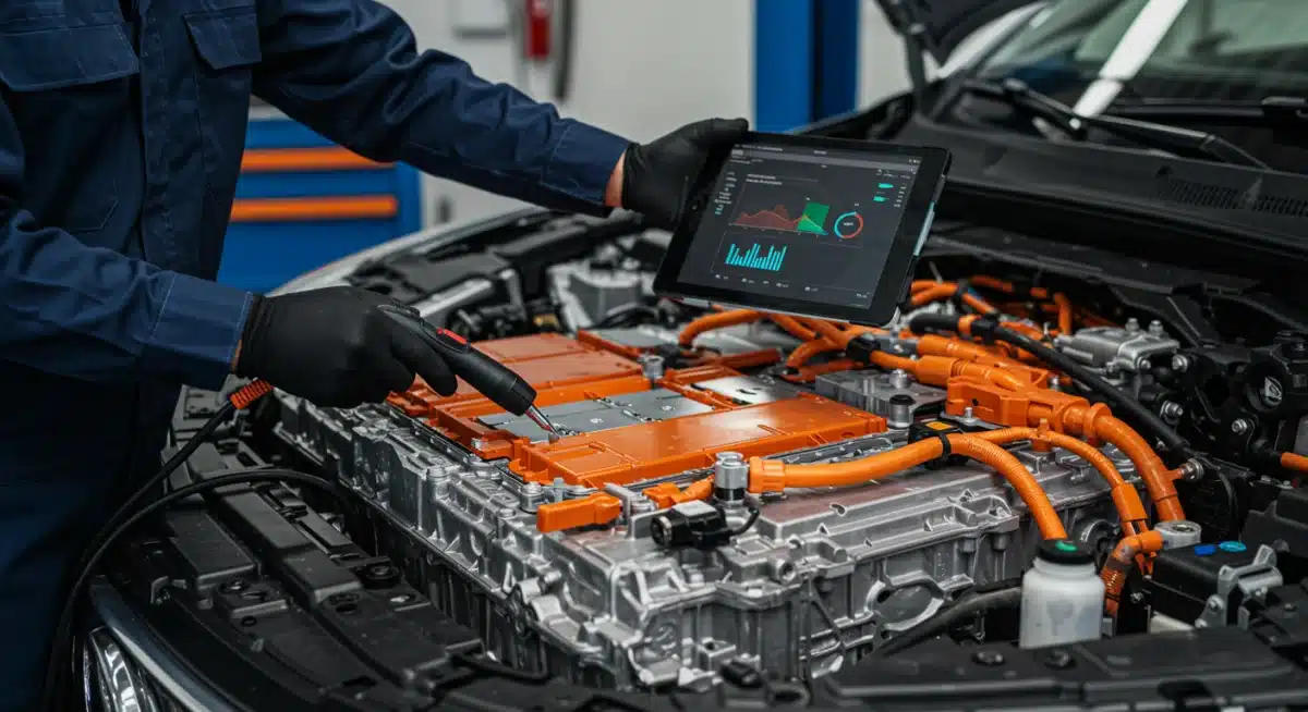 Mechanic performing diagnostic on EV battery for preventative maintenance