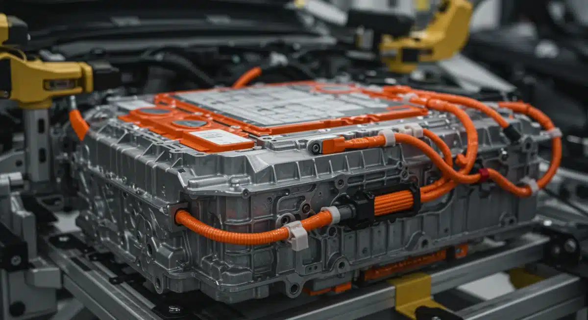 Close-up of EV battery pack assembly with focus on recycled materials.