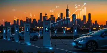 Electric vehicle charging stations illuminated at dusk, symbolizing the $7.5 billion US charging infrastructure investment and its future economic impact by 2025.