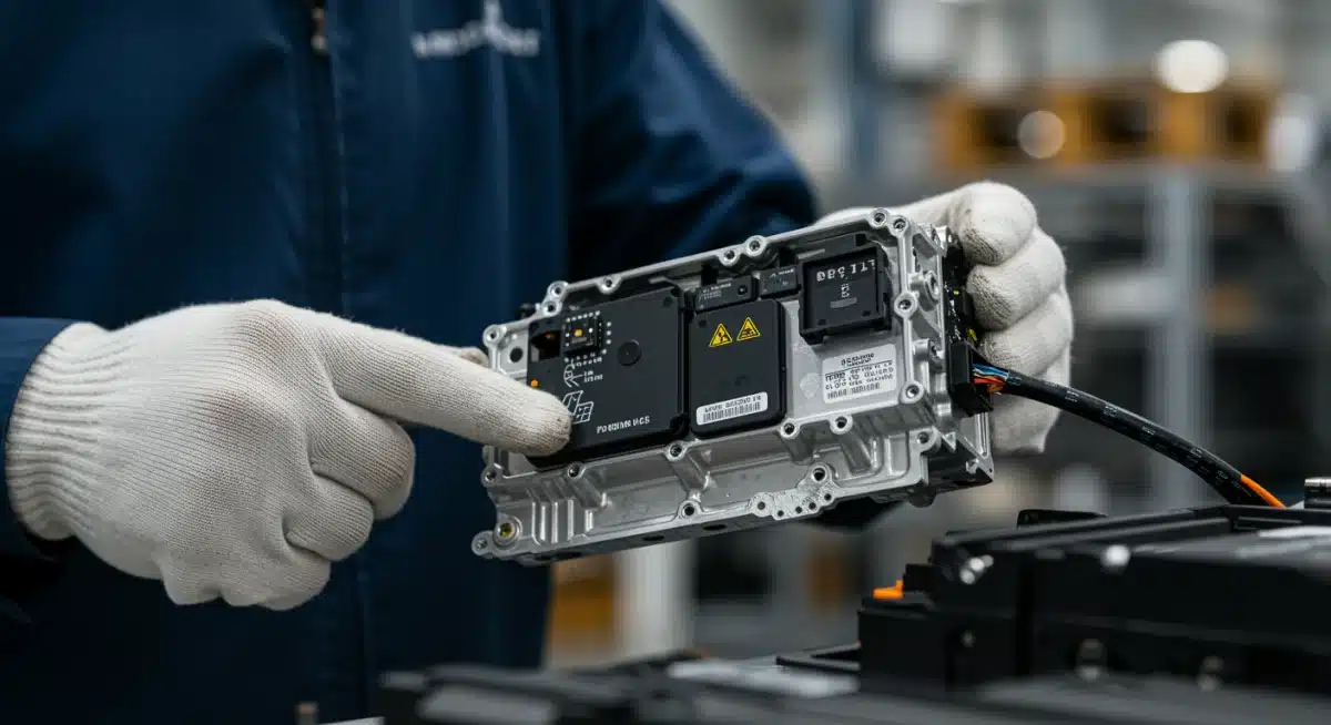 Skilled technician examining an electric vehicle ECU on a production line, representing quality control and technological advancement in auto parts.
