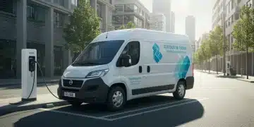Electric delivery van charging in an urban setting, representing 2025 EV fleet economic benefits.