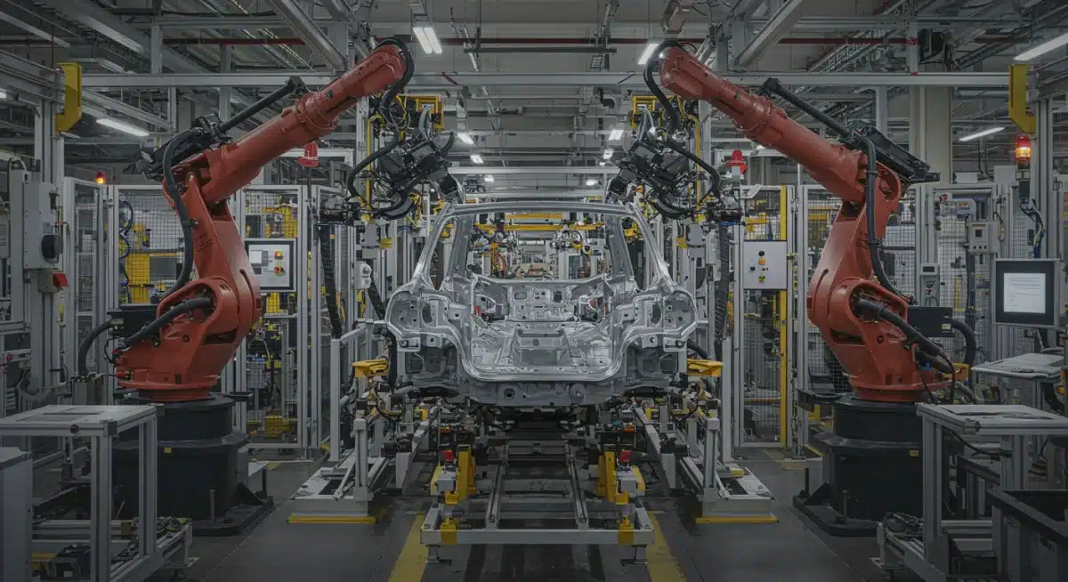 Robotic arms assembling electric vehicle components on a modern factory floor.