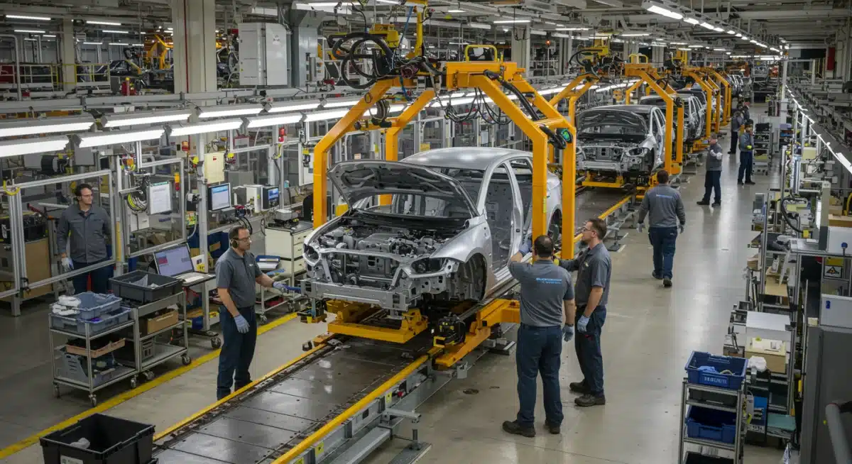Engineers working on an electric vehicle production line in a US auto factory.