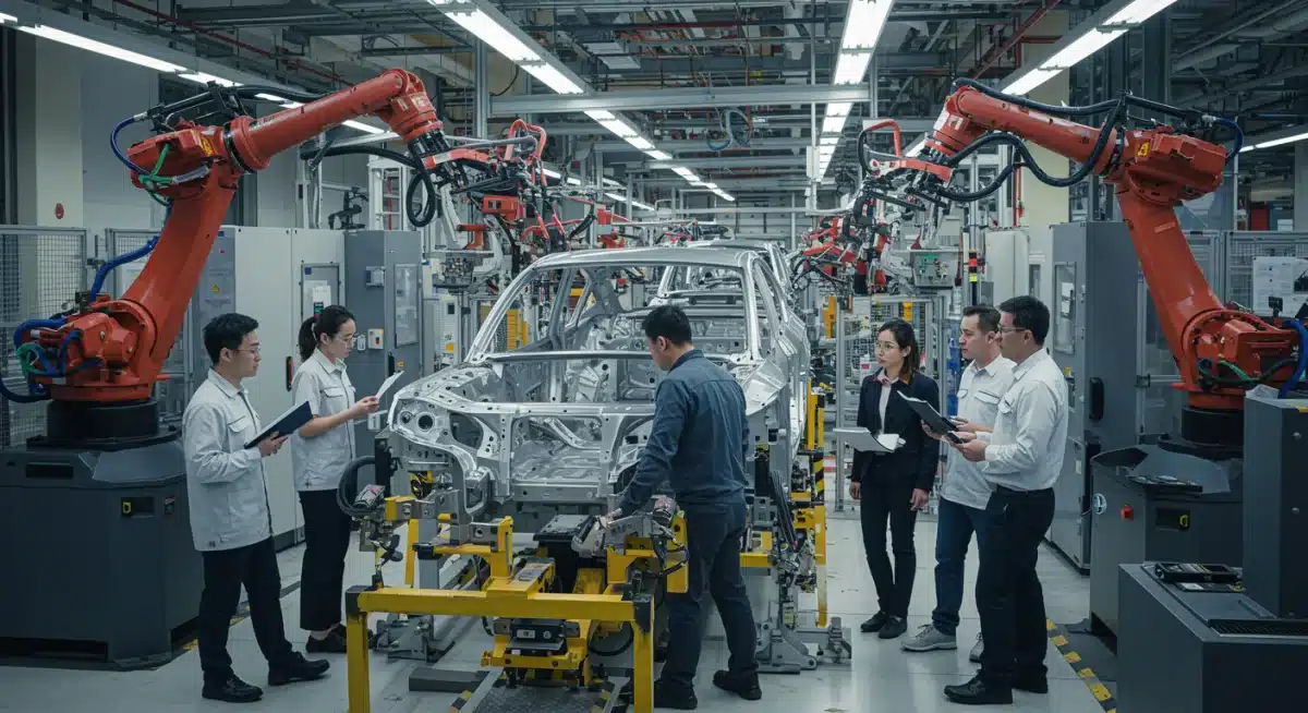 Engineers overseeing robotic assembly of electric vehicle chassis in modern factory.