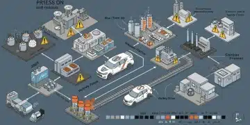 Illustration of the intricate and stressed 2025 EV supply chain, highlighting raw material extraction, battery production, and vehicle assembly under pressure.