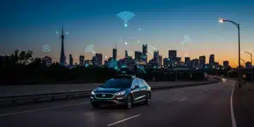 Futuristic autonomous car on smart city highway with 5G towers