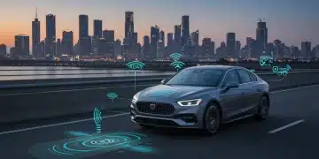 Futuristic car with advanced driver-assistance systems on a highway at dusk