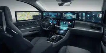 Futuristic car interior with advanced digital infotainment screens