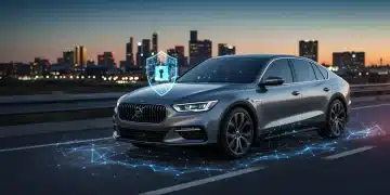 Futuristic connected car with digital shield symbolizing robust cybersecurity for automotive data in 2025 and beyond.