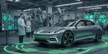 Futuristic electric vehicle undergoing R&D testing in a high-tech facility