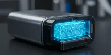 Futuristic solid-state battery cell glowing with blue energy, symbolizing advanced EV power.