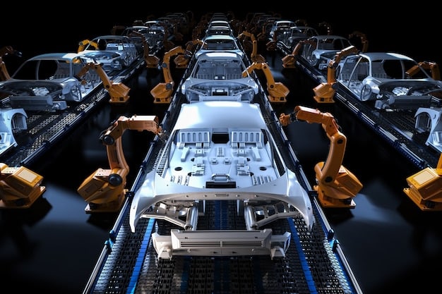 A dynamic image illustrating the convergence of traditional automotive manufacturing with futuristic technology, showing a classic American muscle car partially transformed into an electric vehicle, surrounded by digital schematics and robotic arms in a factory setting.