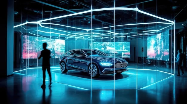 A futuristic car dealership showroom where customers are interacting with holographic displays of electric vehicles and smart safety features, symbolizing evolved consumer choices and technology-driven sales in 2027.