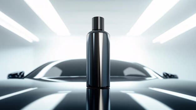 A detailed shot of a car with a matte finish, subtly reflecting light, with a specialized matte-finish detailing product bottle in the foreground.