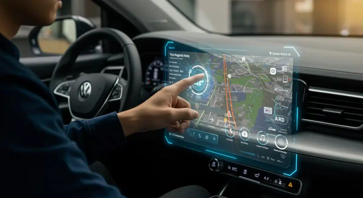 Driver interacting with holographic in-car infotainment display