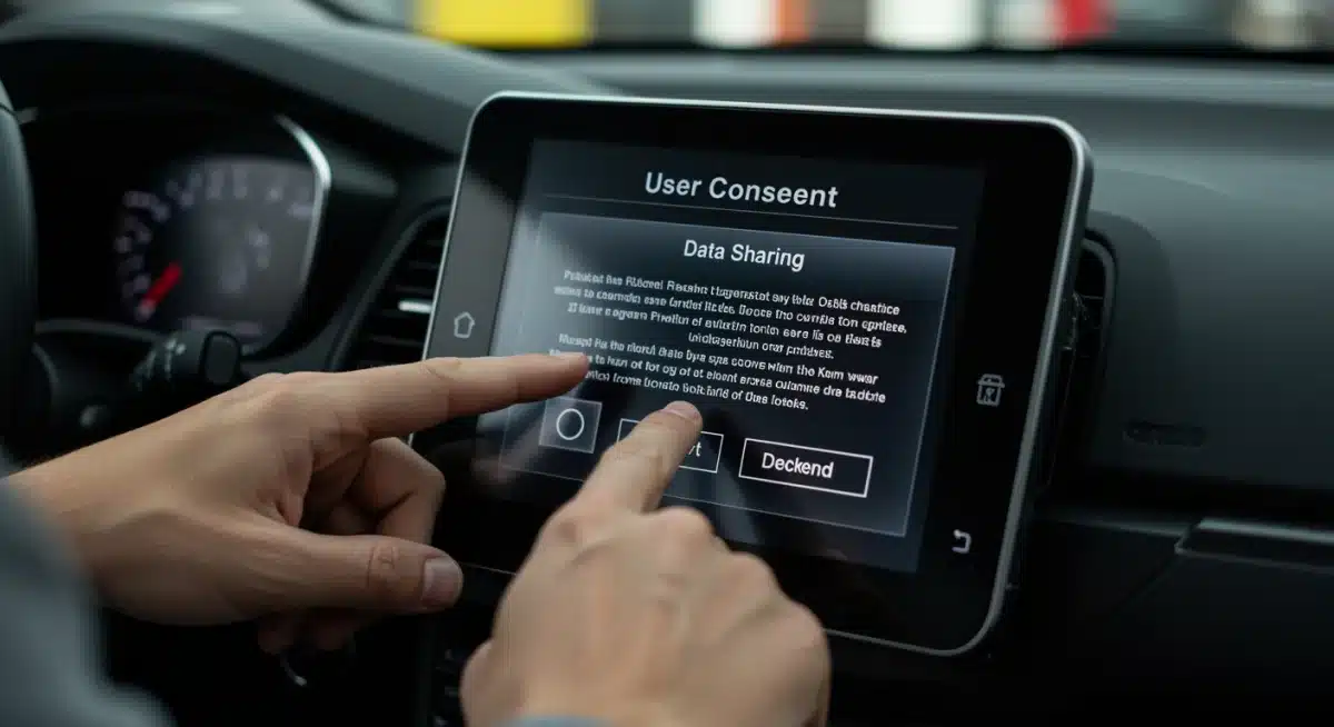 Hands accepting or declining data sharing on in-car touchscreen