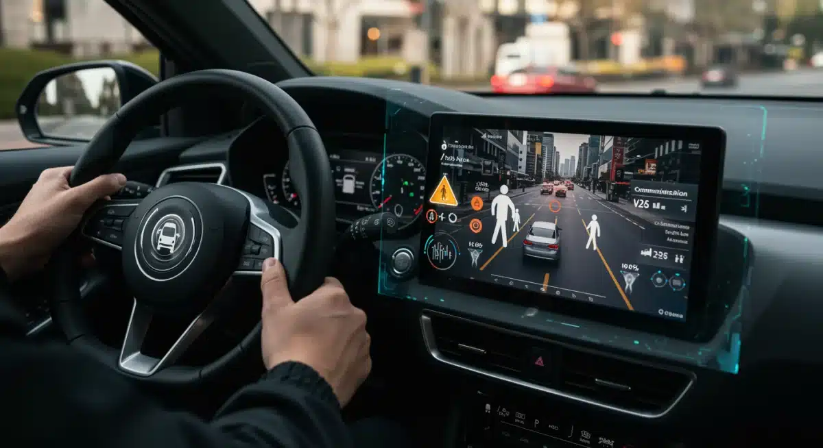 In-car V2X display showing real-time safety alerts and communication data