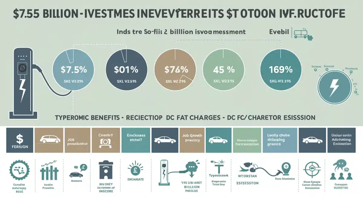 Infographic detailing the allocation of .5 billion US charging infrastructure investment across various states and charger types, illustrating economic benefits.