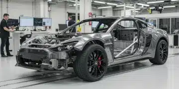 Advanced lightweight car chassis in a research facility, highlighting fuel economy improvements.