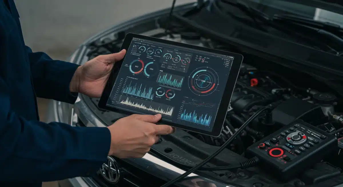Automotive technician reviewing AI diagnostic data for predictive maintenance.