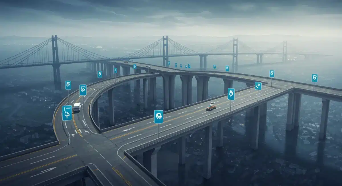Interconnected roads and bridges with EV charging stations, illustrating national infrastructure improvements.