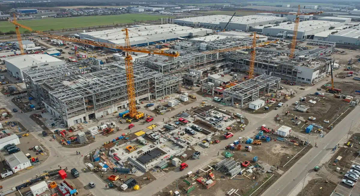Construction site of a new automotive manufacturing plant, highlighting infrastructure investment.