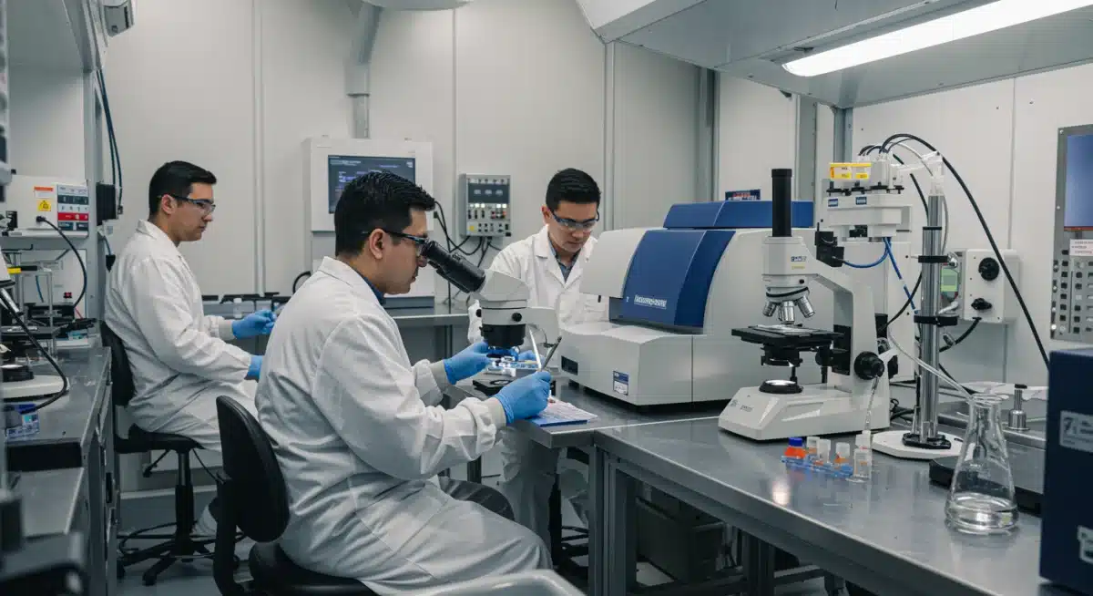 Automotive engineers testing advanced paint formulations in a high-tech lab.