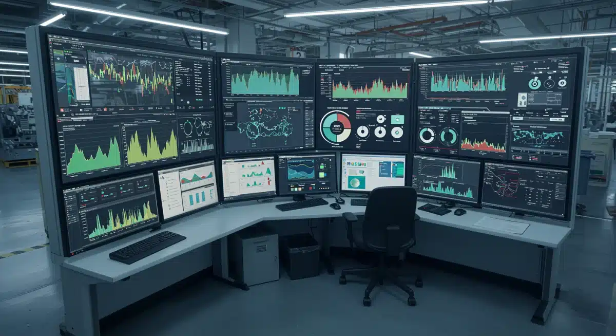 Digital dashboard showing real-time production analytics in an auto plant