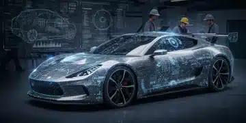 Futuristic car design incorporating quantum computing principles for advanced engineering simulations.