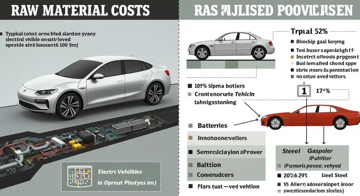 Infographic comparing raw material cost contributions to EV and gasoline car prices, indicating rising expenses for critical components.