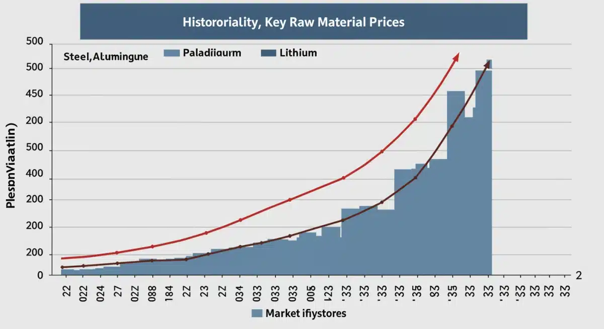 Graph showing historical and projected price volatility for critical automotive raw materials, emphasizing instability and future cost increases.