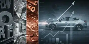 Illustration of raw materials flowing into a car factory, with upward trending cost indicators and a final vehicle priced higher, representing the 2025 forecast.