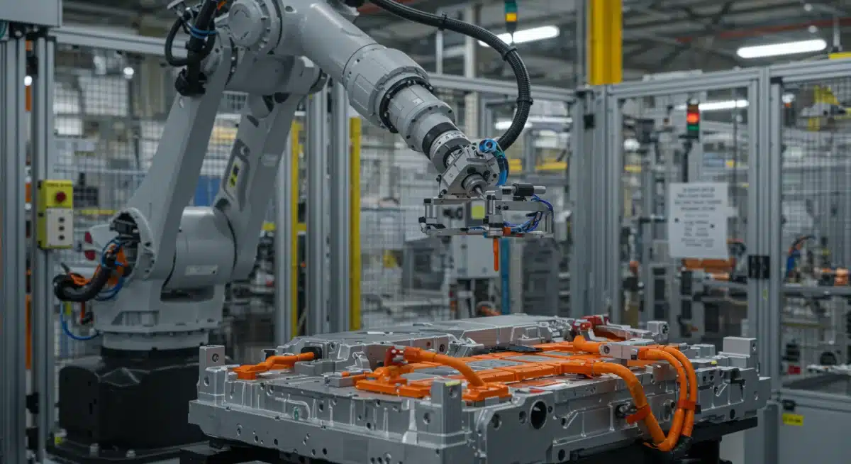 Robotic arm assembling EV battery in US factory