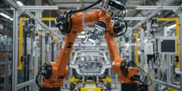Robotic arm inspecting car body on automated assembly line