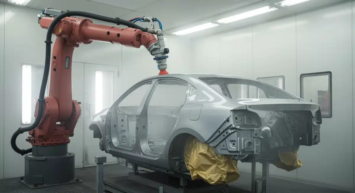 Robotic arm meticulously applying advanced automotive paint in a US factory.