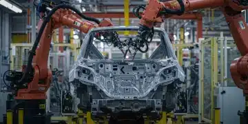 Advanced robotic arm welding a car chassis in a US auto plant