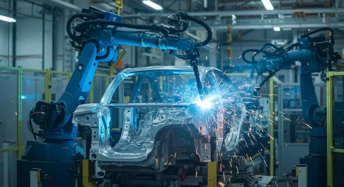 Robotic arm welding lightweight aluminum for vehicle assembly.